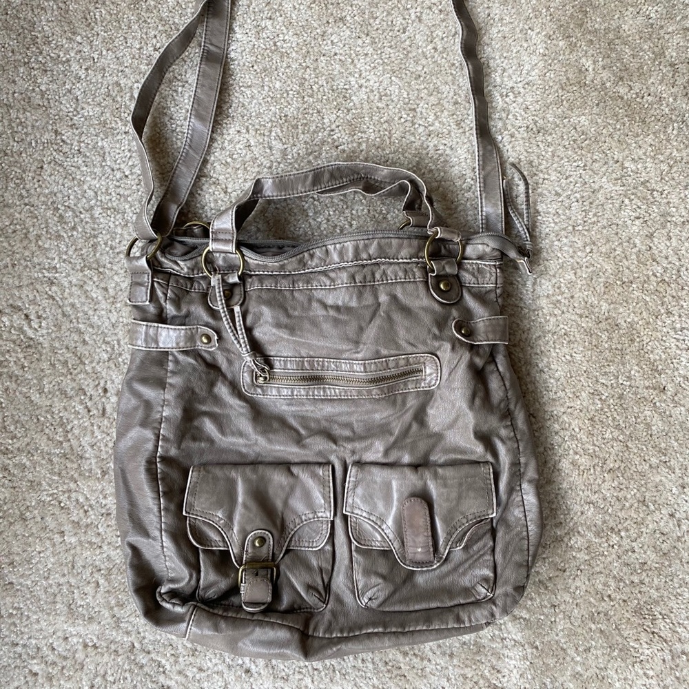 Large Laptop Shoulder Bag, Faux Leather w Buckles